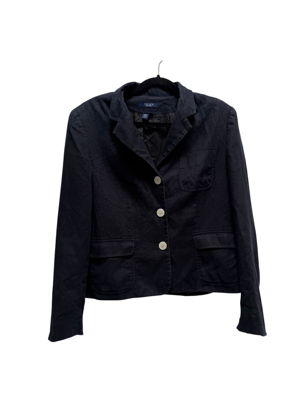 Chaps Linen Cropped Button Down Blazer Womens 14 Blue Career Chic Quiet Luxury